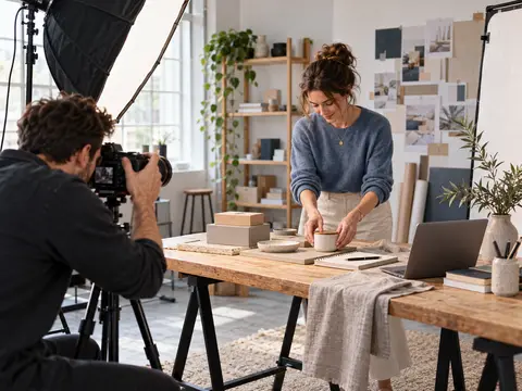 Fotograf bei einem Branding-Shooting mit einer fiktiven Selbständigen am Arbeitsplatz