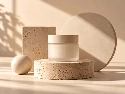 Reduzierte Editorial-Aufnahme mit Produkt, Licht und geometrischen Formen