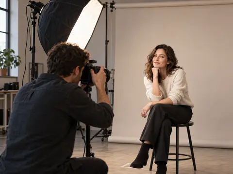 Fotograf bei einem Portraitshooting mit einer fiktiven Person im Studio