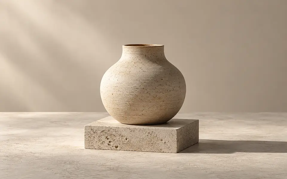 Minimalistische Produktaufnahme mit Keramikobjekt und Schatten